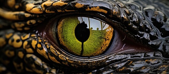 Poster - A detailed closeup of a crocodiles eye, showcasing its intricate eyelashes and the unique hole in the eye. The art of nature in a terrestrial animal