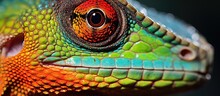 A Detailed Closeup Of A Vibrant Green Scaled Reptiles Face And Eyes, Showcasing The Intricate Adaptation Of This Terrestrial Animal. A Stunning Macro Photography Capture Of Wildlife Art