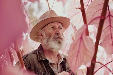 Senior man with a contemplative gaze in a biodynamic garden, embodying the ethos of Generation X's Honest Frames