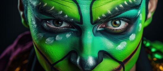 Wall Mural - A close up of a person with green face paint resembling a fictional character, with vibrant electric blue eyes and detailed cartoonstyle eye art, including eyelashes and iris