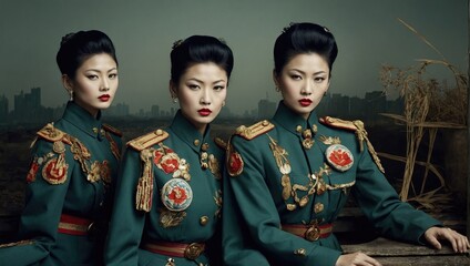three asian women in military uniform