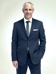 Aufkleber - Business man, smile and portrait in studio for professional, career and corporate for job and style indoor. Mature person, trader or executive and happy with suit for confidence and work