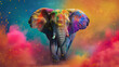  elephant at the annual elephant festival in India . Animal covered on holi paints . Travel holi festival