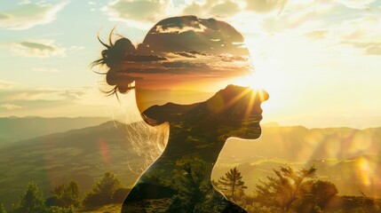 a woman with flowing hair stands in front of a bright sun, with her hair blowing in the wind. the su