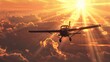 A small plane is flying through the sky on a sunny day. The sun is shining brightly, creating a warm and inviting atmosphere. The plane is low to the ground
