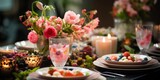 Fototapeta Na drzwi - Festively decorated table for Easter with eggs and flowers