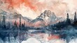 © vadosloginov - A watercolor painting depicting a serene mountain lake, with crystal-clear waters reflecting the surrounding peaks and lush greenery. The vibrant colors of the landscape are captured in delicate brush