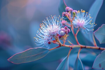 A detailed close-up of a single flower growing on a tree branch, showcasing the intricate textures and colors of the petals and surrounding foliage.