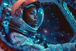 black woman astronaut flying spaceship through deep space galaxy