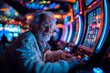 Happy elderly male person sitting at a slot machine in a bustling casino, surrounded by flashing lights. Gambling, entertainment and fun activities in retirement age