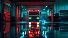 Firefighting Truck Parked At Night In A Garage Of A Fire Department Building. Fireman 911 Emergency Service Vehicle, Nighttime Lights