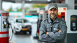 Middle aged gas station worker or employee, man with the beard wearing gray uniform and a cap, looking at the camera and smiling. Luxurious modern car and petroleum fuel pumps in the background