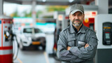 Fototapeta  - Middle aged gas station worker or employee, man with the beard wearing gray uniform and a cap, looking at the camera and smiling. Luxurious modern car and petroleum fuel pumps in the background