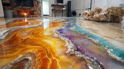 Canvas Print - Beautiful and modern marble floor covering with epoxy and resin. Expensive but long life. Generative AI