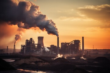 The stark contrast of a massive coal stacker against the backdrop of industrial smokestacks and a colorful sunset