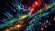 A captivating and intricate fractal-like digital artwork featuring swirling waves of vibrant colors like red, orange, blue, and green, interwoven with glowing particles and cosmic elements.