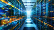 © Nemanja - Information traveling through the data center storage in blue and orange colors. Cloud computer system internet infrastructure room, cybersecurity, telecommunication cluster, rack hardware technology