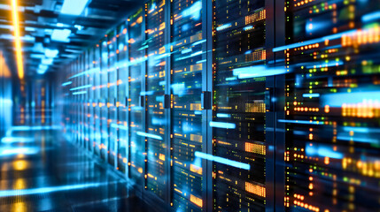 Information traveling through the data center storage in blue and orange colors. Cloud computer system database infrastructure room, cybersecurity hosting and support, black connection racks