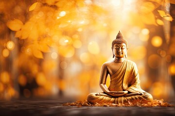 Wall Mural - Makha Asanaha Visakha Bucha Day Golden Buddha image. Background of Bodhi leaves with shining light. Soft image and smooth focus style and copy space - generative ai