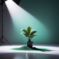 Wall Mural - green plant in pot on the table with lighting. green plant in pot on the table with lighting. 3d render of a plant in a studio