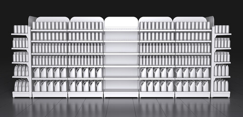 Wall Mural - Store shelves with blank products and empty department for your goods. 3d illustration on black background