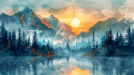 Wall Mural - wallpaper, watercolor mountain landscape with river and trees, sunrise over the lake.  Modern art, prints, wallpapers, posters and murals