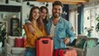 A man and two women are posing with their luggage in a living room
