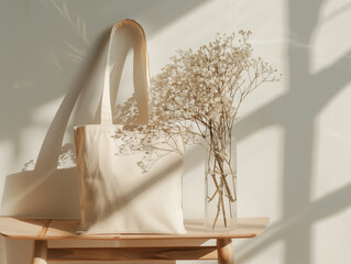 Wall Mural - 
A blank tote bag mockup, with the handle hanging over an oak wood chair and delicate flowers inside it