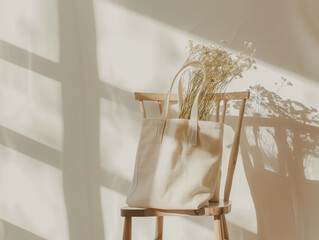 
A blank tote bag mockup, with the handle hanging over an oak wood chair and delicate flowers inside it