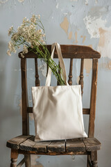 Wall Mural - 
A blank tote bag mockup, with the handle hanging over an oak wood chair and delicate flowers inside it