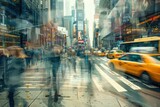 Fototapeta  - Busy New York City street with yellow taxis and bustling traffic amidst towering buildings and urban hustle