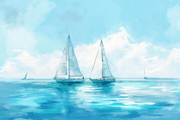 Sticker - Watercolor painting of sailboats on the ocean with clouds in the background