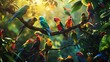 A tropical rainforest canopy filled with brilliantly colored birds, each feathered creature contributing to the kaleidoscope of hues