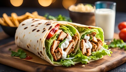 Wall Mural - Shawarma Chicken sandwich fresh roll of, Grilled Chicken and salad tortilla wrap with white sauce
