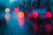 Close-up photograph capturing pristine  water droplets delicately on a blurred glass surface, with a background illuminated by multicolored lights