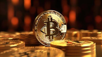 Digital Currency Concept, 3D Styled Bitcoin and Coin Stack Background