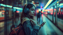 Young Woman With Headphones In Subway Station