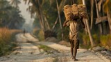 Fototapeta  - An unidentified farmer carries rice from the farm home on Dec 01, 2012 in Baidyapur, West Bengal, India. This is the main shipping method farmers