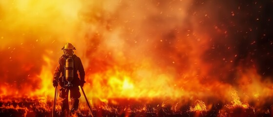 Wall Mural - Firefighter walks through flames.