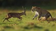Leopard chases deer amidst green meadows.