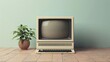 © rorozoa - Retro personal computer setup on a wooden desk with plant decor in a pastel room