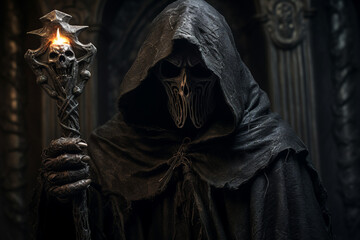 Wall Mural - Digital generative ai collage image of dark humanoid creature in black cloak doing death spell summon