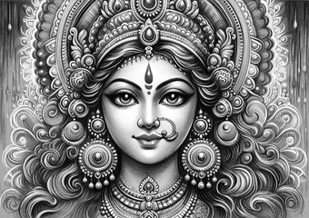 Black and white illustration of the goddess durga portrait for chaitra navratri.