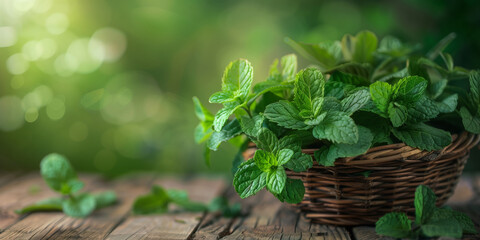 Mint. Bunch of fresh green organic mint leaves on a wooden table closeup. Selective focus.