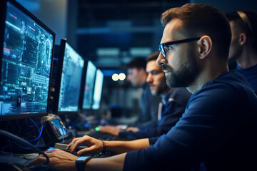 Hard working person in modern interior office programming writing web java script code AI technology generation