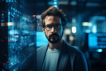 Hard working person in modern interior office programming writing web java script code AI technology generation