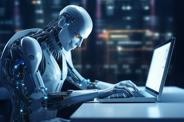 Hard working person in modern interior office programming writing web java script code AI technology generation