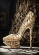 Shoes on high and toned heels on the table in focus. Designer shoes made of bones. Created with AI