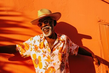 Wall Mural - young aged male person in a dress and hat smiling in the orange photo