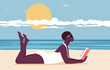 An African woman in a swimsuit is lying and reading a book. Summer vacation. Vector flat illustration